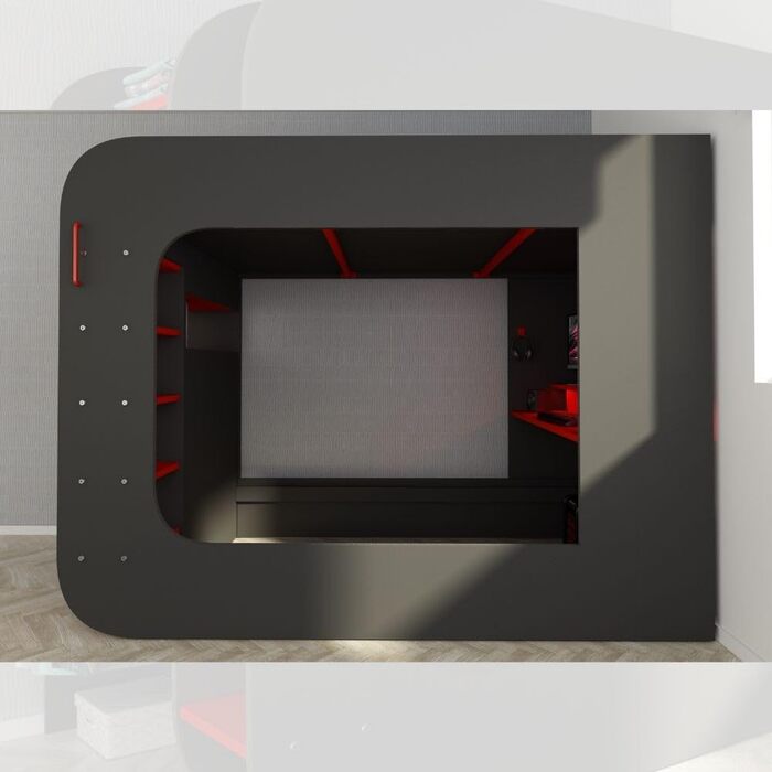 Дитяче двоярусне ліжко з ігровим столом в антрацитовому та червоному кольорах