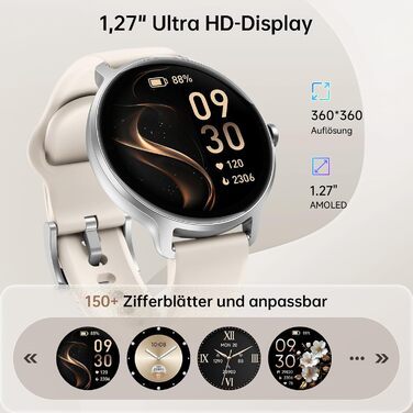 Розумний годинник для чоловіків та жінок, круглий, 1,27-дюймовий AMOLED-розумний годинник з функцією телефону, фітнес-годинник з монітором серцевого ритму, монітором SpO2, монітором сну, крокоміром, 120 спортивних режимів, водонепроникний IP68, сумісний з