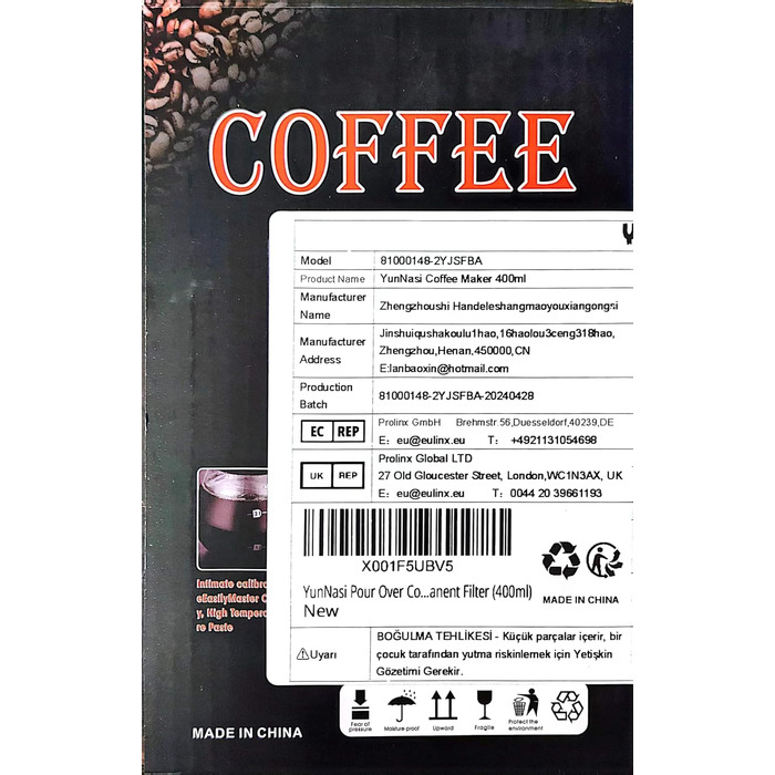 Ручний ручний фільтр для кавоварки YunNasi Pour Over Hand Coffee з нержавіючої сталі зі скляним фільтром (400 мл) чорний