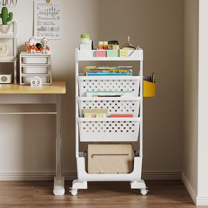 Мобільна книжкова полиця на колесах, органайзер для журналів/книг, візок для зберігання книг, 5-ярусна книжкова полиця на колесах для спальні, офісу та школи (біла)
