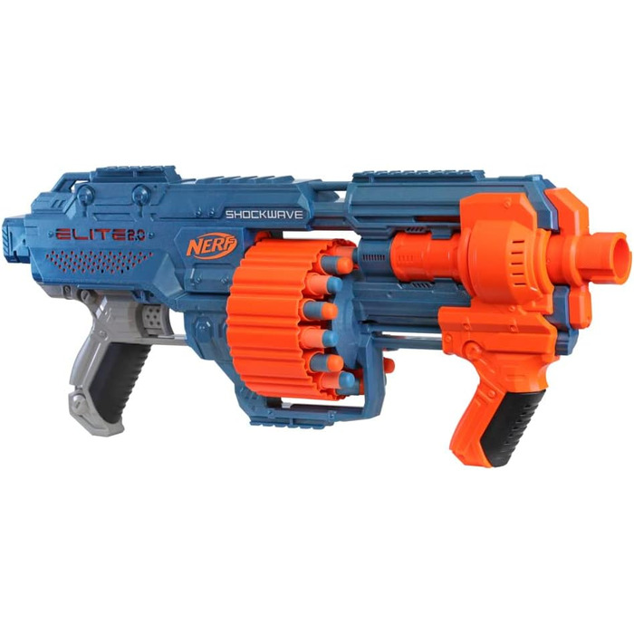 Бластер Nerf Elite 2.0 Shockwave RD-15, 30 дротиків Nerf, обертовий барабан на 15 дротиків, швидкий вогонь з помповим механізмом, з можливістю розширення, упаковка без розчарувань