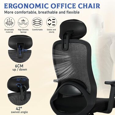 Офісне крісло, ергономічне офісне крісло, зручне робоче крісло, регульоване по висоті, крісло з повітропроникної сітки, обертове крісло з діапазоном повороту 90, 110 та 130, з можливістю блокування, вантажопідйомність до 150 кг, крісло з сітки
