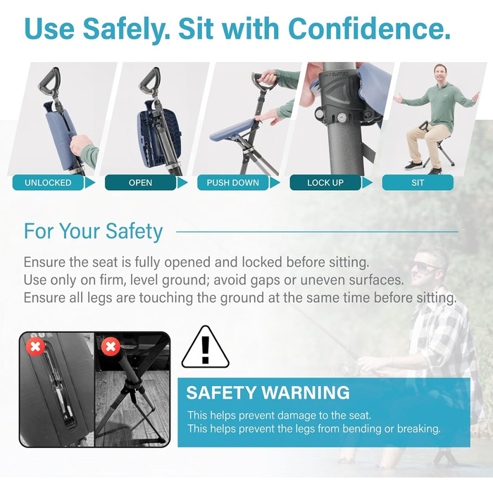 Стілець TA-Da серії 2 PRO - Тростина з сидінням, легка алюмінієва рама та міцний складний стілець (до 136 кг), складна конструкція, ідеально підходить для походів та активного відпочинку, регульована висота, чорний