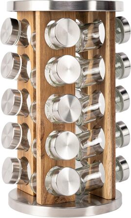 Обертова карусель для спецій з 20 баночками для спецій - Кругла карусельна підставка для спецій - Органайзер для спецій - Підставка для спецій з нержавіючої сталі та дерева - Обертова карусель для спецій - Дерев&39яна підставка для спецій 20 x 20 x 31 см