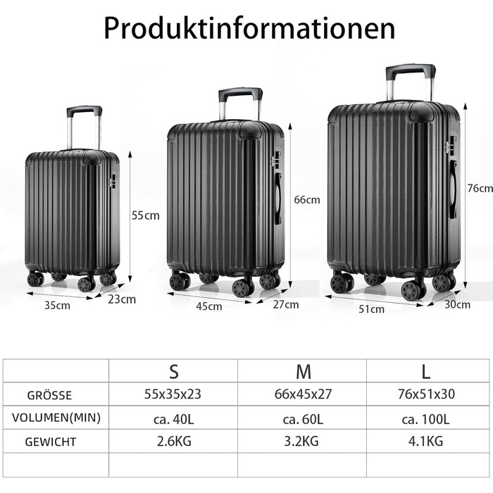 Велика валіза на візках 76x530 см, тверда дорожня валіза з 4 колесами та кодовим замком, легка ручна поклажа, чорний L