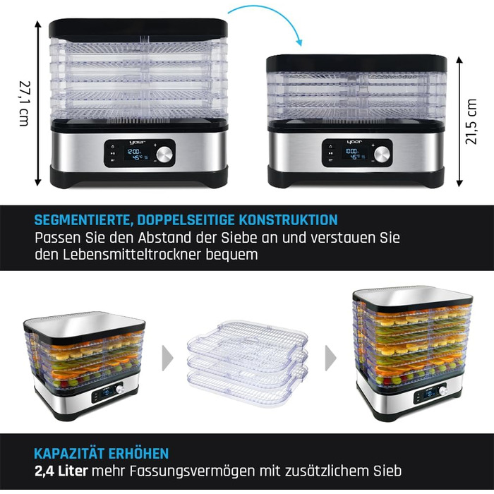 Дегідратор, 450 Вт, 4000 см2, таймер на 24 години, LED-дисплей, нержавіюча сталь INOX, без BPA, модульна конструкція, дегідратор для їжі, грибів, фруктів, м'яса, риби, овочів, 01S