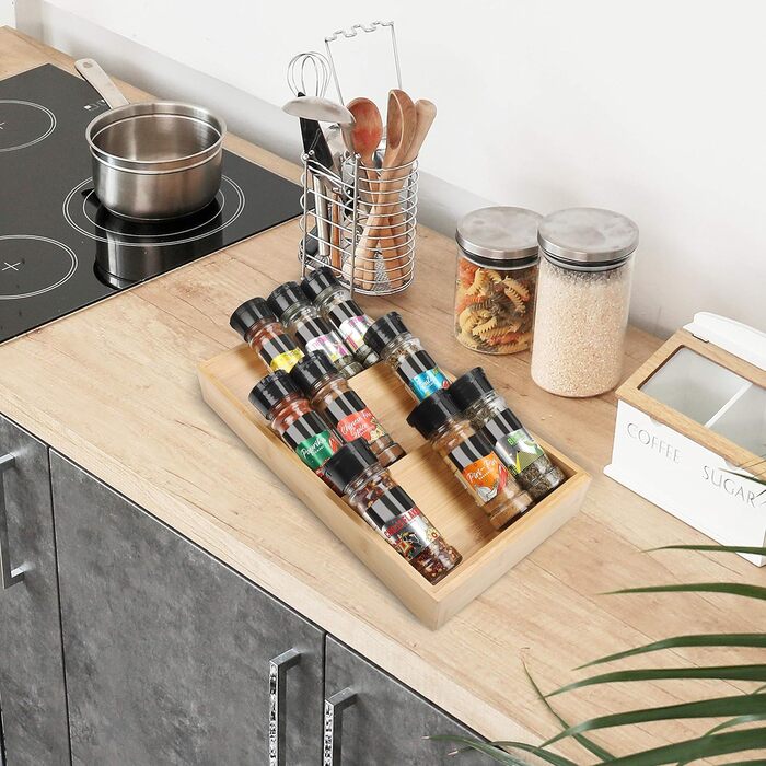 Стійка для спецій Kurtzy для кухні, 3 яруси, виготовлена з бамбукового дерева, стійка для спецій, горизонтальна шухляда зберігання спецій упорядкуйте сіль, спеції, трави та вітаміни у ваших шафках
