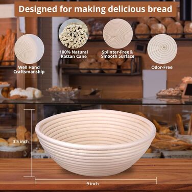 Кошик для хліба Sondiko, кошик для випікання хліба, ø 22,5 см, висота 8,5 см, кришки кошиків, пластиковий скребок, кульгавий підрі