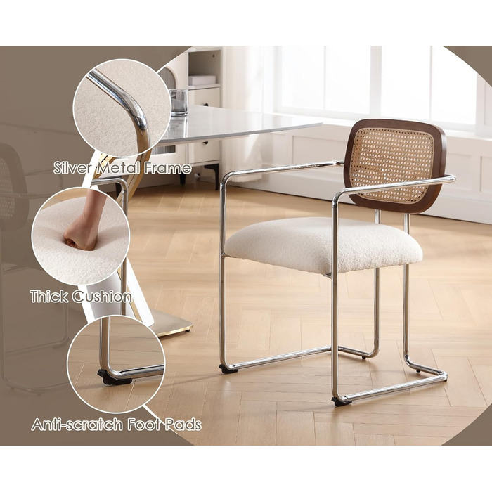 Обідні стільці, комплект з 2 шт. , ретро кухонні стільці зі спинкою з ротанга, м&39які обідні стільці з металевим каркасом та штучним хутром, для їдальні, вітальні, кухні, спальні, холу, білі 2 білі