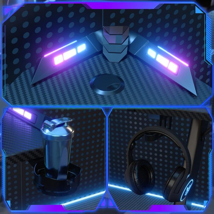 Ігровий стіл Devoko 120 x 60 см, ігровий стіл зі світлодіодним підсвічуванням, поверхня з вуглецевого волокна, ергономічний ігровий стіл з тримачем для напоїв, гачок для навушників, міцний комп&39ютерний стіл