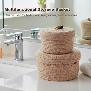 Кошики для зберігання з кришками, плетені кошики з бавовняних ниток з ручками, декоративні кошики, що миються, багатофункціональний органайзер для полиць, вітальня та ванна кімната (білий), 2