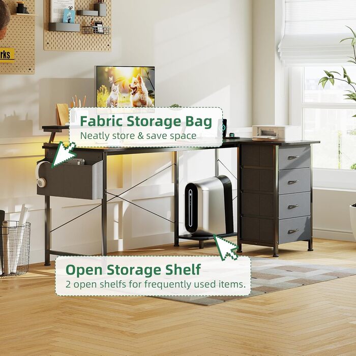 Г-подібний ігровий стіл VERMESS з 4 шухлядами, 160 см, двосторонній, столи для домашнього офісу з розетками, Г-подібний комп&39ютерний стіл з портом зарядки USB та підставкою, кутовий стіл 160,02 см чорний