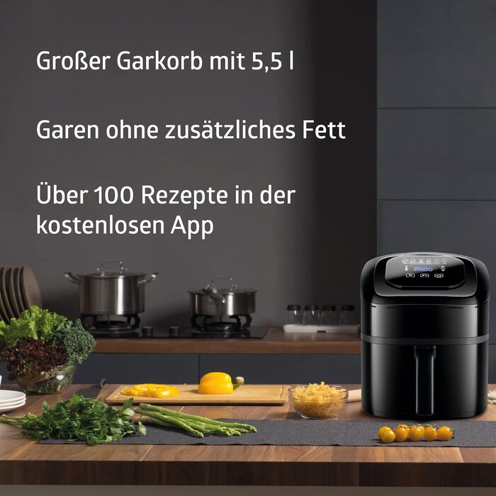 Розумна фритюрниця з Wi-Fi об'ємом наповнення 5,5 літрів Розумна фритюрниця з автоматичним налаштуванням температури та часу Можливе керування через додаток Фритюрниця без олії (1800 Вт)