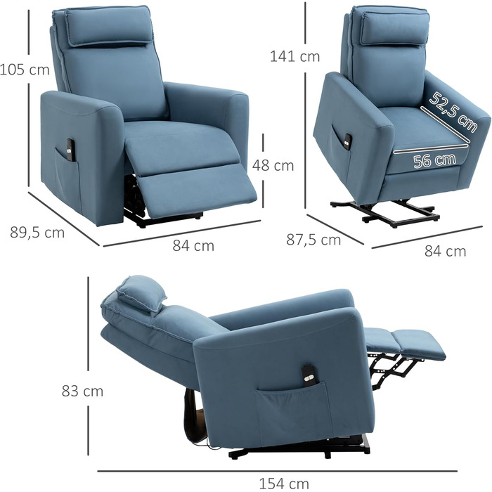 Електричне крісло-реклайнер для телевізора HOMCOM з підйомником та функцією відкидання, м&39яке крісло для відпочинку з пультом дистанційного керування, бічна кишеня, оксамитове крісло для телевізора, синє