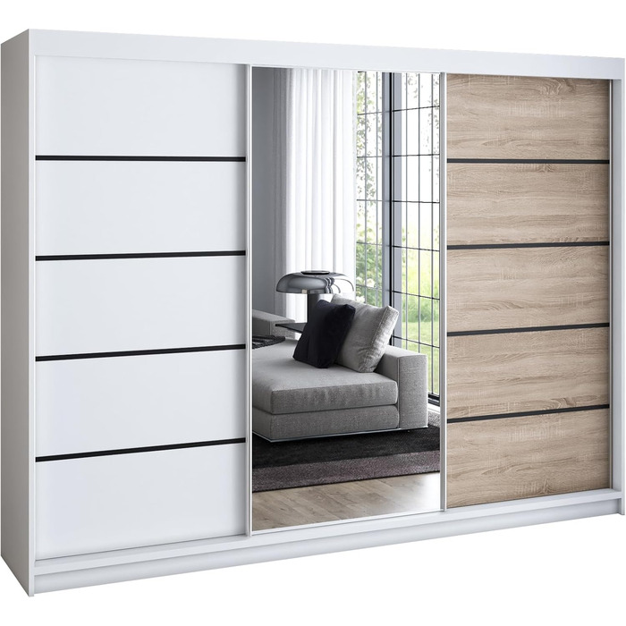 Шафа з 2 розсувними дверима, 3-дверна, 200 см, з дзеркалом, 4 шухлядами та 2 рейками для одягу, Містка шафа для спальні (білий/сонома) Білий / Білий / сонома