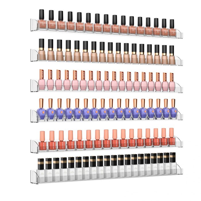 Настінна полиця для лаків для нігтів 61 см, прозора, зі знімною кришкою, набір з 6 шт. , акриловий настінний органайзер, полиці для зберігання лаків для нігтів на 150 пляшечок (60 см), прозора, 61 см