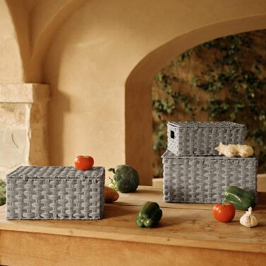 Кошик для зберігання GRANNY SAYS з кришкою, набір із 3 декоративних кошиків для зберігання, плетений кошик з ручками, великий сірий плетений кошик, міцний кошик з полицями для ванної кімнати, вітальні, кухні