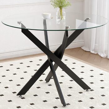 Обідній стіл GOLDFAN Скляний стіл для вітальні Маленький круглий скляний стіл Кухонний стіл Сучасний стіл з чорними ніжками для вітальні Офіс Кухня Скло 4 Чорний
