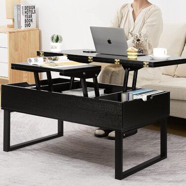 Журнальний столик VOWNER з регульованою висотою, багатофункціональний стіл для вітальні 3-в-1 з прихованим місцем для зберігання, який трансформується у обідній стіл для вітальні, чорний з деревним малюнком