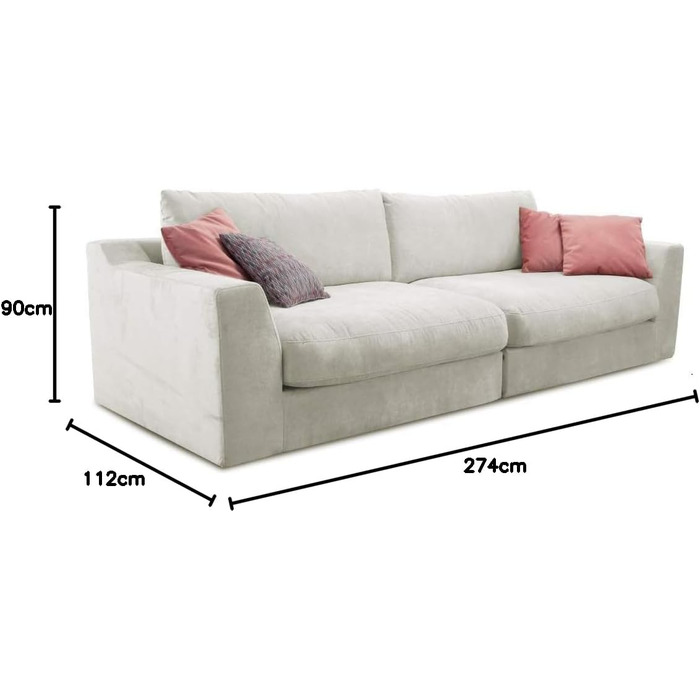 Великий диван Cavadore Fiona / Великий диван із подушками для спини у сучасному дизайні / 274x90x112 / Ткана тканина кремового кольору