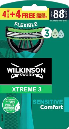 Одноразова бритва Wilkinson Sword Xtreme 3 Sensitive з 3 мякими лезами та змащувальною смужкою з алое вера та вітаміном Е, 4 шт.