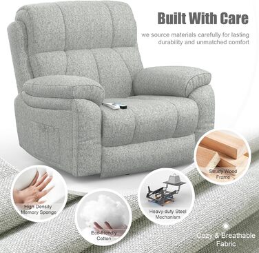 Електричне крісло-реклайнер YONISEE з функцією масажу, підйомником, масажем, підігрівом, підставкою для ніг, 2 бічними кишенями, підстаканником, портами типу C та USB, крісло-реклайнер для вітальні