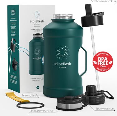 Пляшка для пиття BeMaxx з нержавіючої сталі ACTIVE FLASK соломинка (3 кришки) Велика спортивна пляшка об'ємом 2,2 літра без бісфен