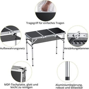 Кемпінговий стіл Anbte, розкладний стіл з алюмінію, 88x40 см (ДxШ) з 3 регульованими висотами, портативний стіл для пікніка з сіткою для зберігання, стіл-валіза, стіл для гриля, садовий стіл для кемпінгу, вечірок, пляжу (чорний)