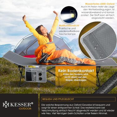 Кемпінгове ліжко KESSER, розкладне розкладане ліжечко, шезлонг для кемпінгу, включаючи сумку для перенесення, кемпінговий ліхтарик бічна кишеня, міцне ліжечко, вантажопідйомність 250 кг, металева труба, тканина Оксфорд 600D, портативне, сірий колір, 210 с