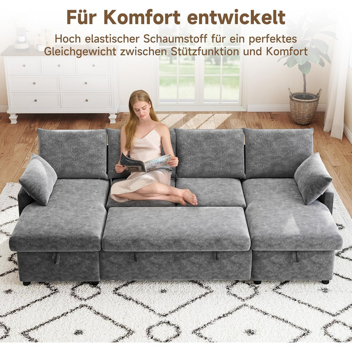 Подібний кутовий диван зі сном та місцем для зберігання речей, диван-ліжко 265 см, розкладний диван з шезлонга для вітальні, квартири, готелю, темно-сірий шеніл - темно-сірий матовий 265 см U-подібний