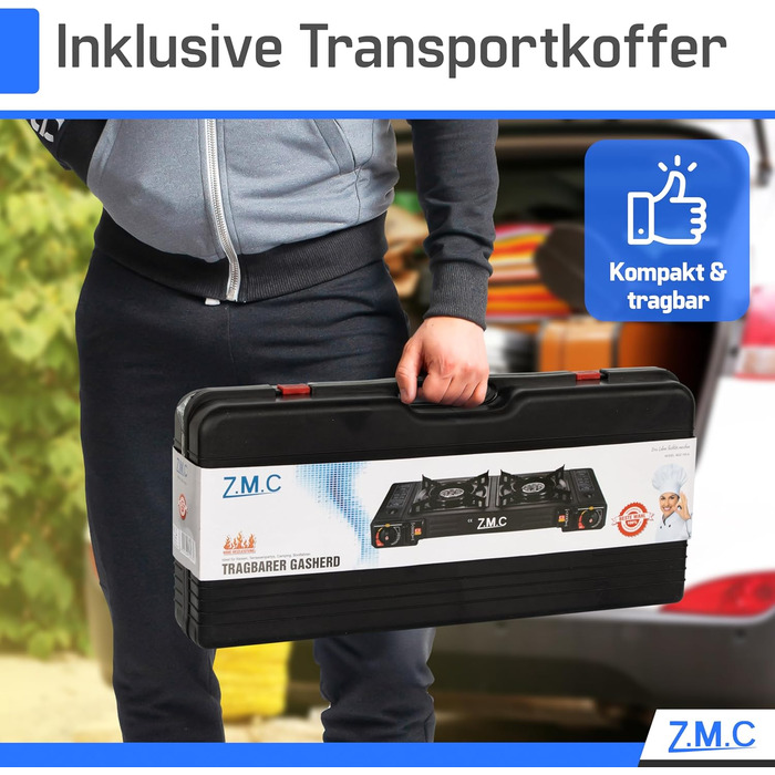 Газова плита для кемпінгу ZMC, 2 конфорки, 2,5 кВт, включаючи адаптер для підключення зрідженого газу та футляр для зберігання. Комплект кемпінгової плити з газовими картриджами та грильною пластиною (можна вибрати), з п&39єзорозпалом, для використання на