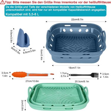 Силіконова форма Аерофритюрниця Квадратна силіконова фритюрниця Аксесуари 22 см Складна аерофритюрниця Форма для випічки Дизайн циркуляції повітря, Харчовий клас, Легкий догляд (Набір 1, СинійЗелений) Квадрат 22 см СинійЗелений