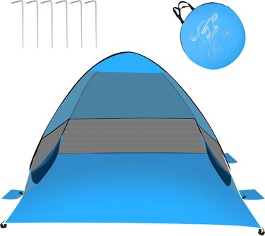 Розкладний пляжний намет на 3-4 особи, пляжний намет із захистом від ультрафіолету UPF 50, автоматичний портативний пляжний намет, вітрозахисний пляжний сімейний намет для пляжу, кемпінгу, риболовлі (синій)