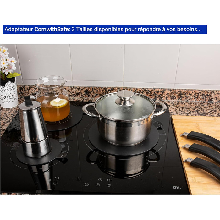 Індукційний адаптер ComwithSafe, 24 см, зі знімною ручкою, ізольований, не змінює колір після використання, нагрівальний колектор з високотемпературним покриттям, чорний - диск індукційного/газового реле