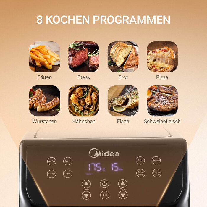 Фритюрниця Midea MF-CN55A2 5.5 л XXL фритюрниця, цифровий дисплей, 8 різних програм, безкоштовний вибір температури від 30 до 200C, 1700 Вт, чорний 5.5 л