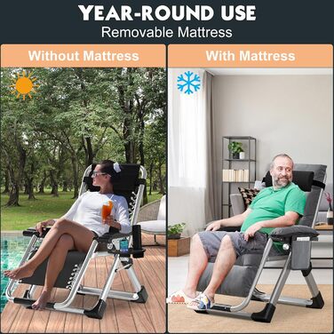 Складаний садовий шезлонг у нульовій гравітації, вантажопідйомність 200 кг з подушкою та бічною кишенею, ідеально підходить для дрімоти, відпочинку, садовий шезлонг, шезлонг на балконі, крісло для патіо (сірий)