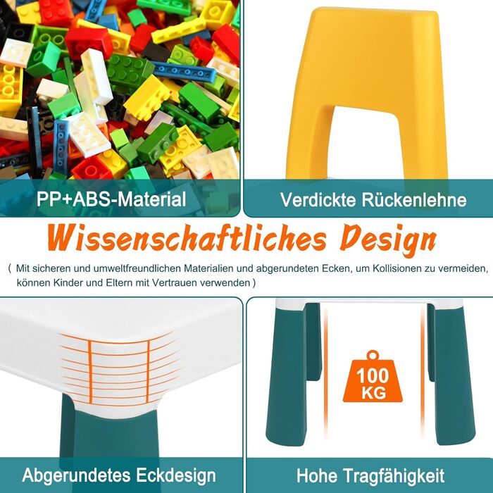 Дитячий стіл зі стільцями LARS360, комплект дитячих сидінь, багатофункціональний стіл з будівельних блоків, стіл для активності, двосторонній стіл для малюків, ігровий стіл для дитячого садка (оснащений 300 будівельними блоками), розміри 63 x 47 x 56 см