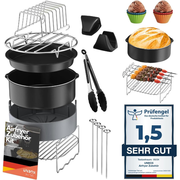 Аксесуари для фритюрниці UNBOX, аксесуари для круглої фритюрниці з 17 предметів для мультипечі XL, COSORI 4.7 л, Philips 6.2 л, Tefal 4.2 л, діаметр 20 см - з силіконовою формою та круглими аксесуарами книги рецептів