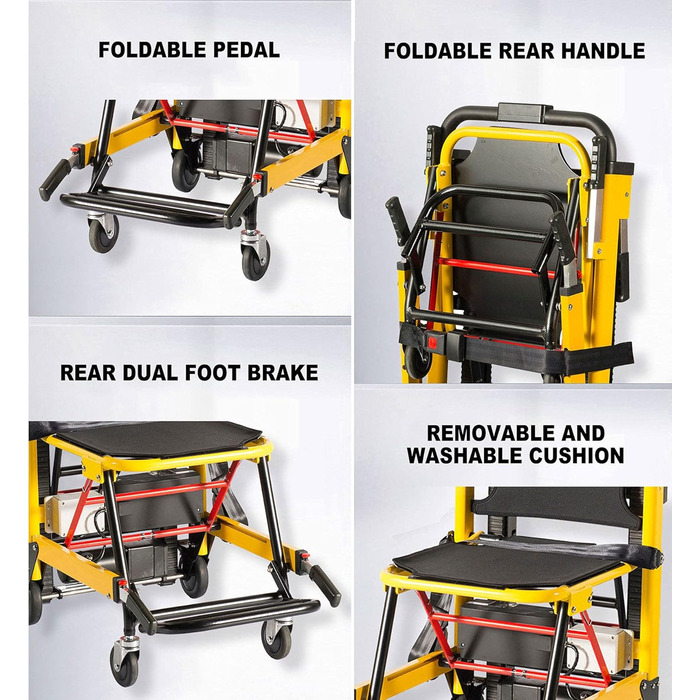 Електричне крісло-сходо, складне крісло колісне, транспортне складне крісло-сход для підйому та підйому, крісло для допомоги по сходах для транспортування пацієнтів похилого віку та інвалідів та вантажів, вантажопідйомність 330 фунтів