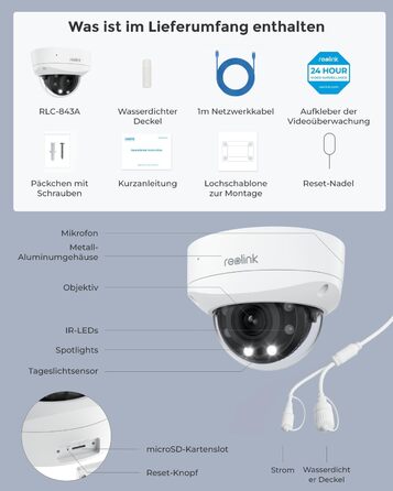 Камера спостереження Reolink 4K PoE з прожекторами, 5-кратним оптичним зумом, IP-камера на відкритому повітрі з кольоровим нічним баченням, 2-сторонній аудіо, виявлення людей/транспортних засобів/тварин, захист від вандал IK10, інтервал часу, RLC-843A