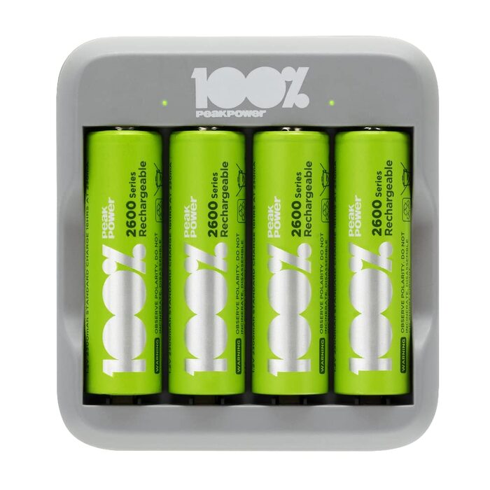 Зарядний пристрій PeakPower для акумуляторів типу AA AAA USB-зарядний пристрій, захист від перезаряджання, таймер безпеки Компактний зарядний пристрій на 4 слоти з 4 батареями типу AA 2300 мАг 4 батареями типу AA