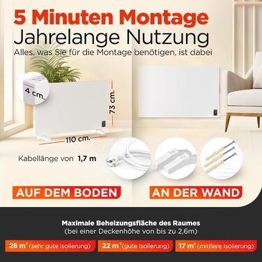 Інфрачервоний WiFi обігрівач з термостатом 1100 Вт до 28 м Розумний інфрачервоний настінний обігрівач та окремостоячий пристрій Енергозберігаючий інфрачервоний електричний обігрівач та конвектор для дому та спальні WiFi - 1100 Вт до 28 м