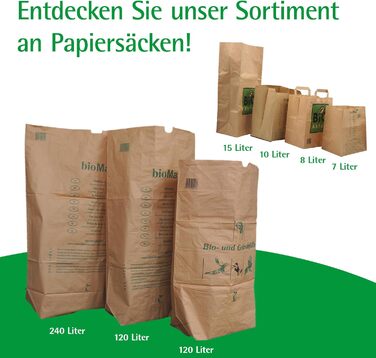 Компостовані паперові пакети bioMat 240 л з крафт-паперу, 25 паперових пакетів для контейнера для органічних відходів, 1-шарові, стійкі до розриву, вологостійкі, (упаковка з 25 шт.) 240 л (25 шт.)