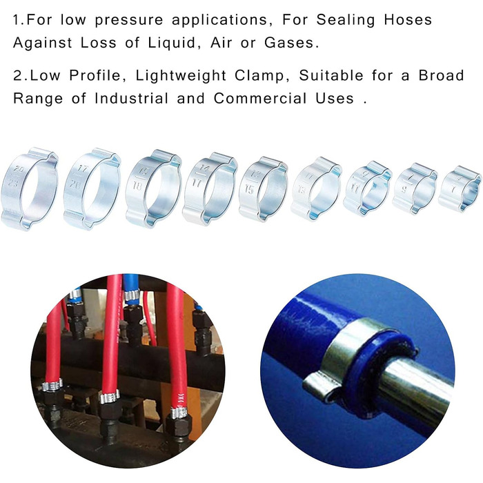 Мм Подвійні вушні ущільнювальні затискачі Шлангові хомути 2-вушні затискачі Асортимент 9 розмірів, регульовані, 160PCS 5-23
