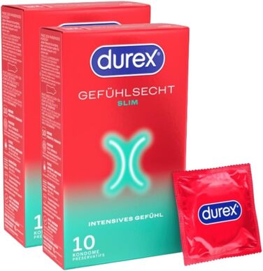 Презервативи Durex Feel Real Slim Тонкі презервативи з вузькою посадкою та змащені силіконовим гелем Упаковка з 20 шт. (2 x 10 шт. )