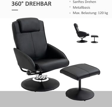 Крісло для телевізора HOMCOM з пуфом для ніг, поворотне на 360 з функцією відкидання, крісло для телевізора, крісло для читання для вітальні, спальні, штучна шкіра, чорний колір