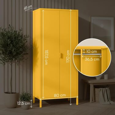 Металева шафа Skølm Ituri, гірчично-жовта Шафа з 6 полицями та 2 рейками для одягу Шафа для передпокою шириною 80 см Шафа для спальні в індустріальному стилі Сталева шафа для вітальні та офісу, гірчично-жовта без шухляд