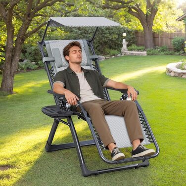 Складаний шезлонг з парасолькою, підголівником та тримачем для напоїв для саду, басейну та пляжу (сірий)