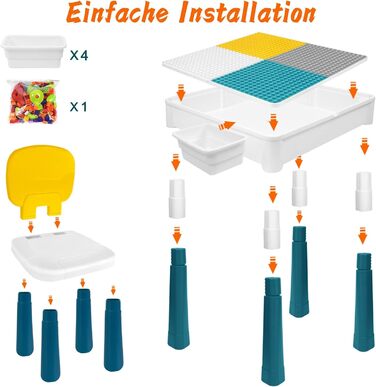Дитячий стіл зі стільцями, комплект дитячого столу та стільців 6-в-1, багатофункціональний ігровий стіл з будівельних блоків з місцем для зберігання, двостороння стільниця, регульована висота, підходить для навчання та вправ на мислення дітей, будівельні 
