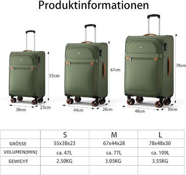 Середня валіза з м&39якими стінками 66x44x28 см - Тканинна валіза на візках - Легка дорожня валіза з 4 колесами та кодовим замком, ручна поклажа, 77 літрів, зелена